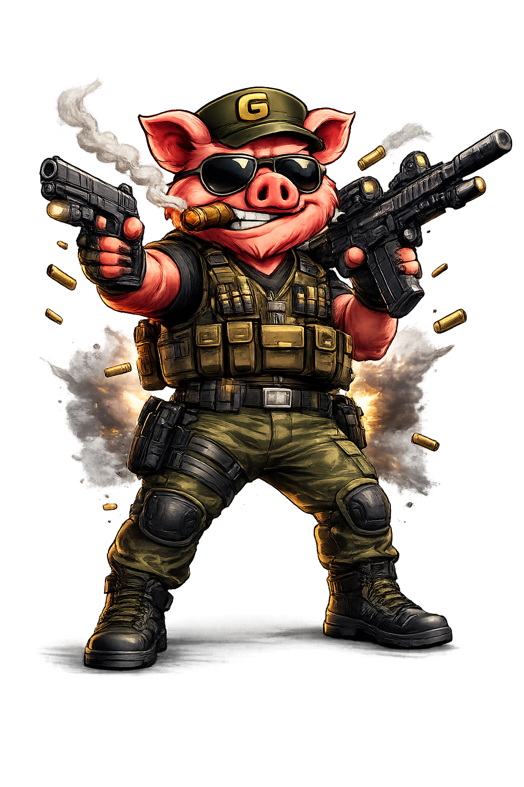 General GunoPig in aggressive combat stance with dual weapons and explosion backdrop